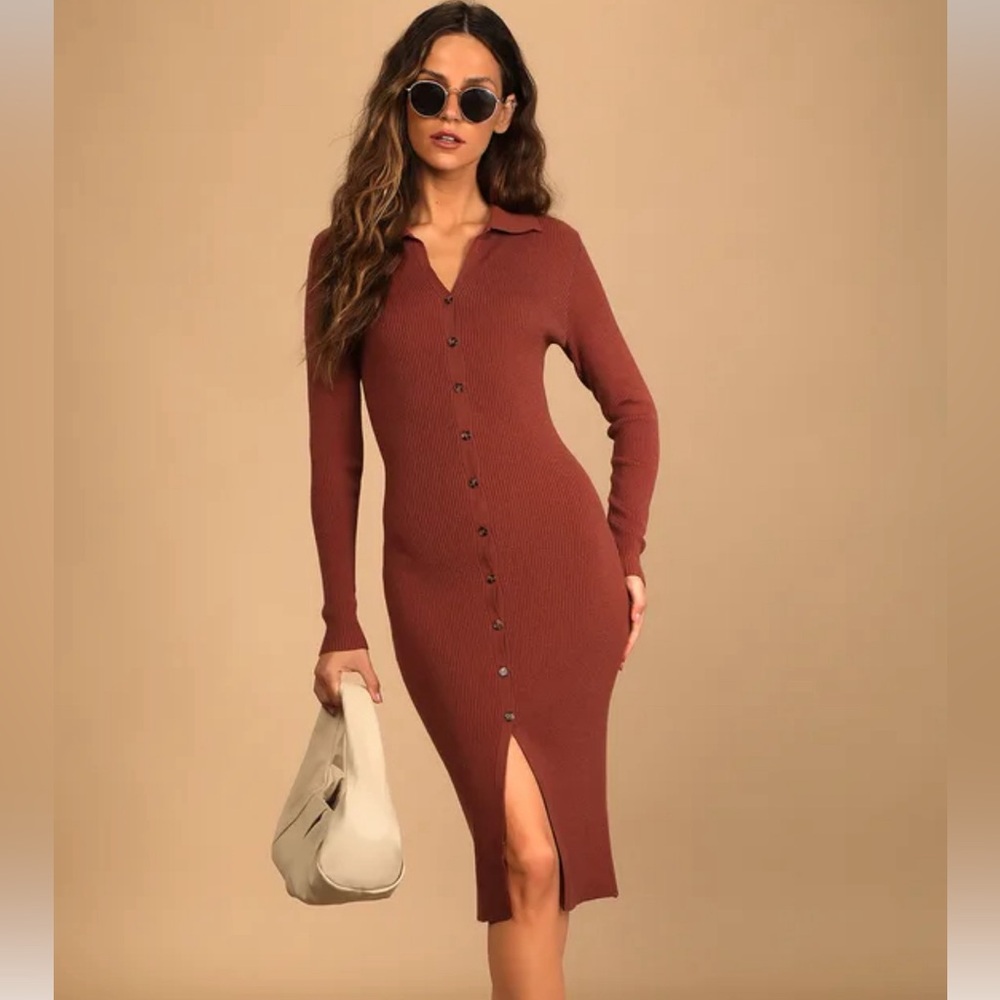 Lulus Daily Favorite Rust Brown Long Sleeve Button-Front Midi Dress